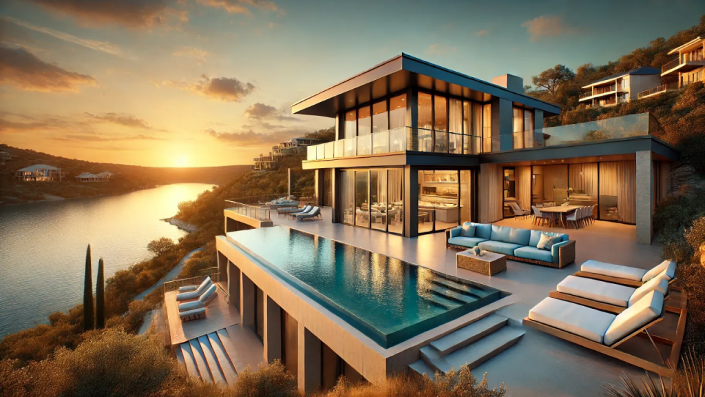 Luxury lakeside home with infinity pool and sunset view